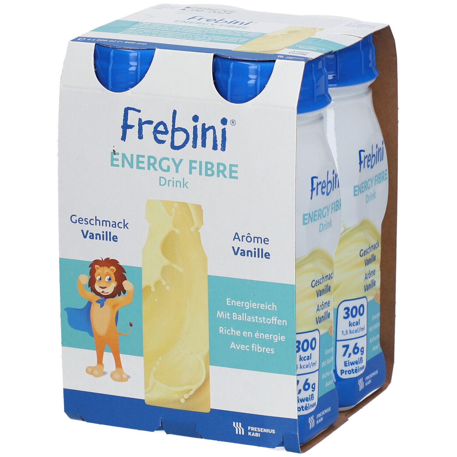 Packung mit Frebini® ENERGY FIBRE Drink Vanille. Enthält Flaschen mit blauen Deckeln. Aufdrucke: Energie, Ballaststoffe, Geschmack Vanille.