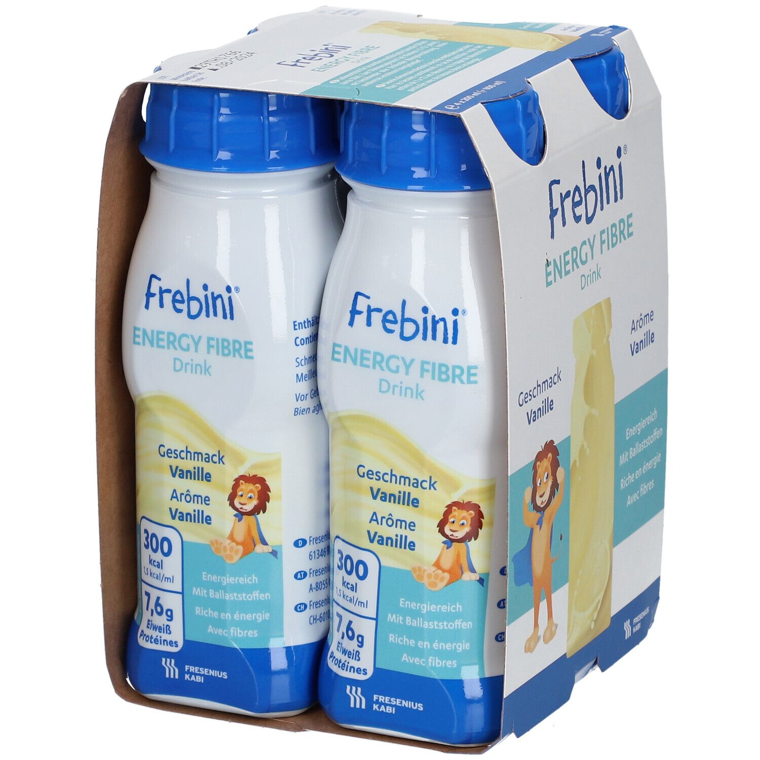 Packung mit Frebini® ENERGY FIBRE Drink Vanille. Flaschen mit blauen Deckeln. Aufdrucke: Energie, Ballaststoffe, Geschmack Vanille.