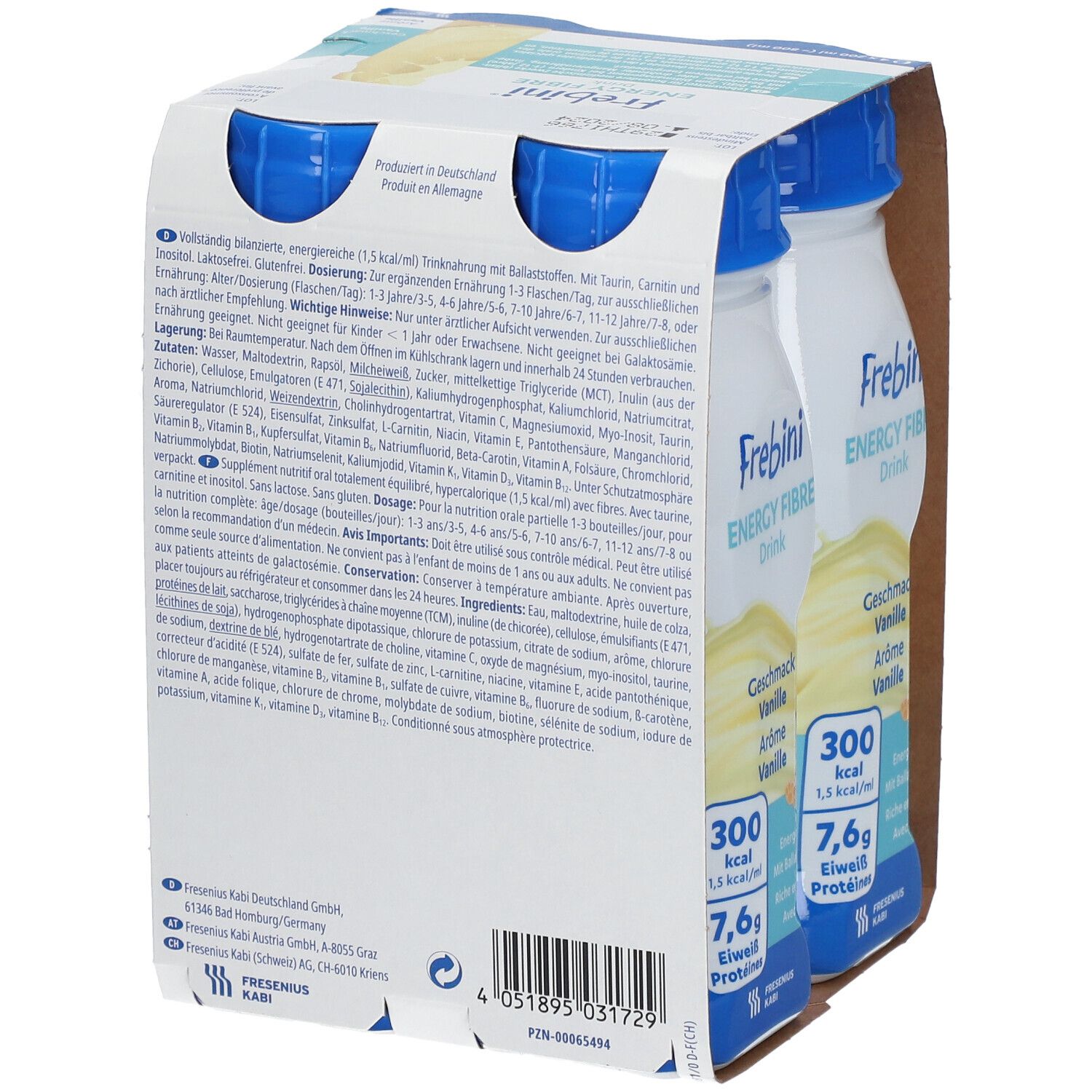 Rückseite der Frebini® ENERGY FIBRE Drink Vanille Verpackung. Enthält Informationen zu Inhaltsstoffen, Nährwerten und Hersteller.