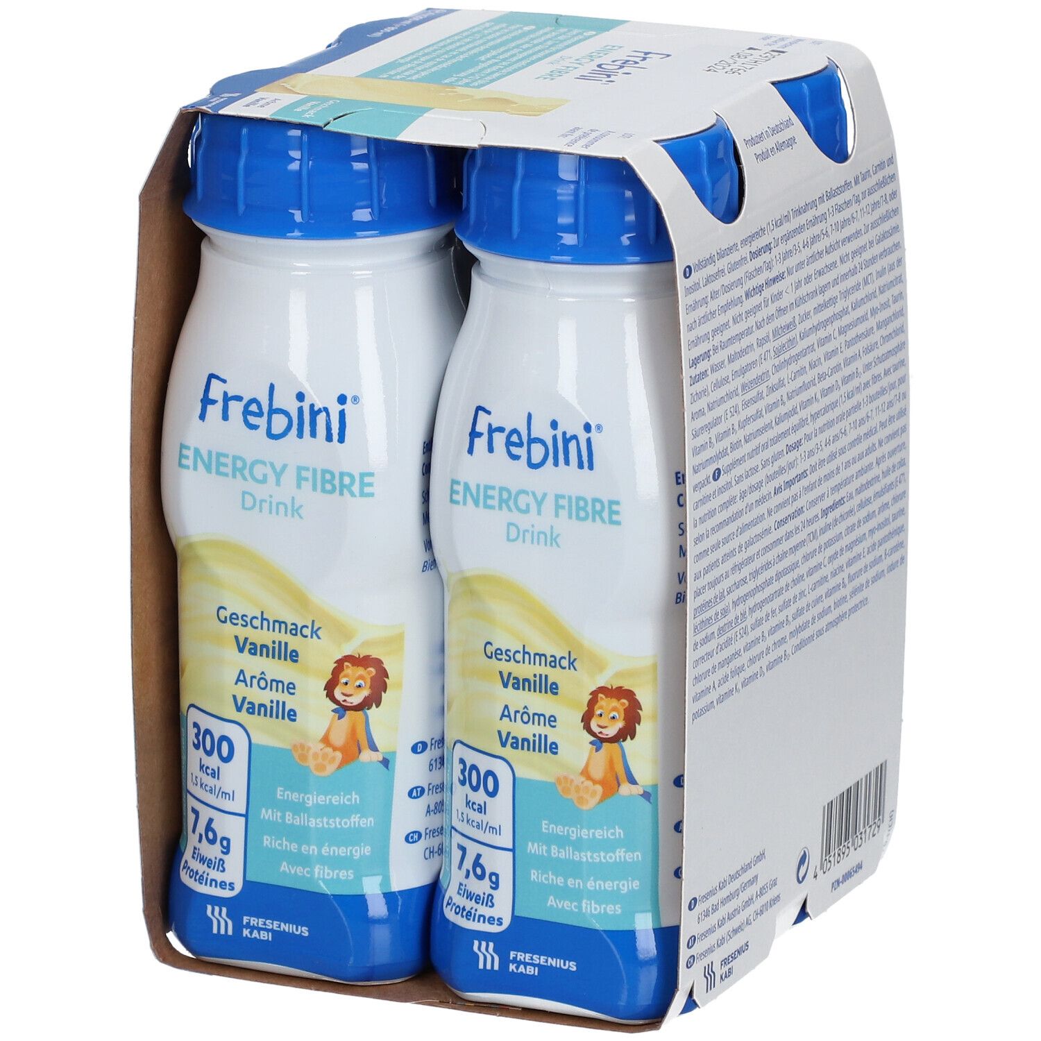 Packung mit Frebini® ENERGY FIBRE Drink Vanille. Flaschen mit blauen Deckeln. Aufdrucke: Energie, Ballaststoffe, Geschmack Vanille.