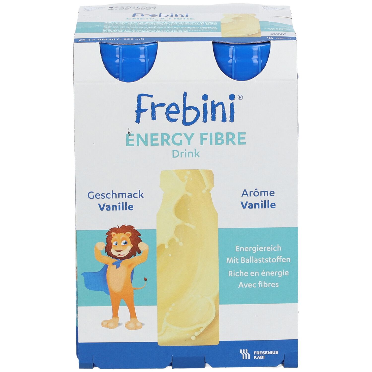 Frebini® ENERGY FIBRE Drink Vanille Flasche. Blaue Kappe. Aufdrucke: Energie, Ballaststoffe, Geschmack Vanille, Logo.