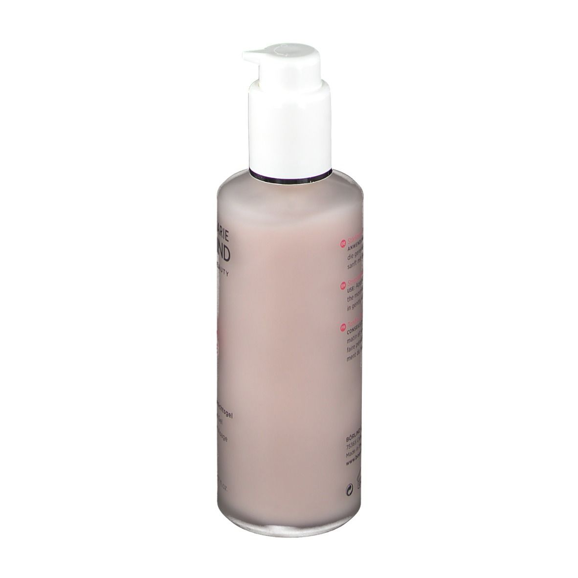 Flasche mit Pumpe. Rückseite mit Text. Aufschrift: Annemarie Börlind. Produktinformationen.