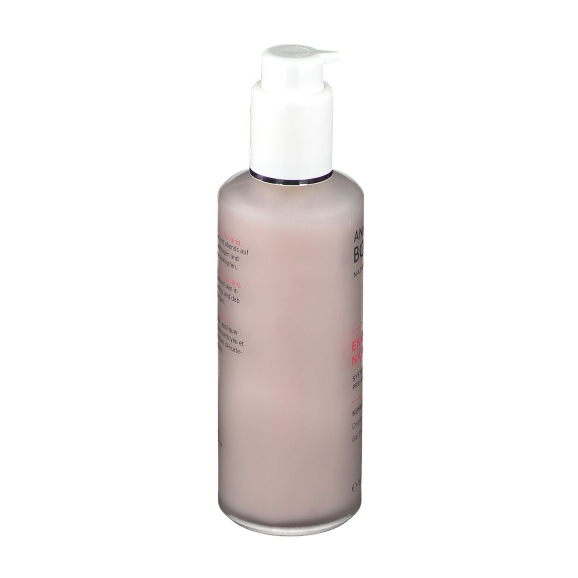 Flasche mit Pumpe. Rückseite mit Text. Aufschrift: Annemarie Börlind. Produktinformationen.