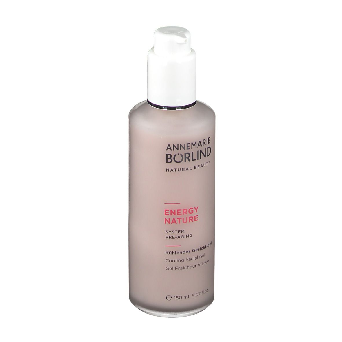 Flasche mit Pumpe. Aufschrift: Annemarie Börlind, Energy Nature, Kühlendes Gesichtsgel. 150 ml.