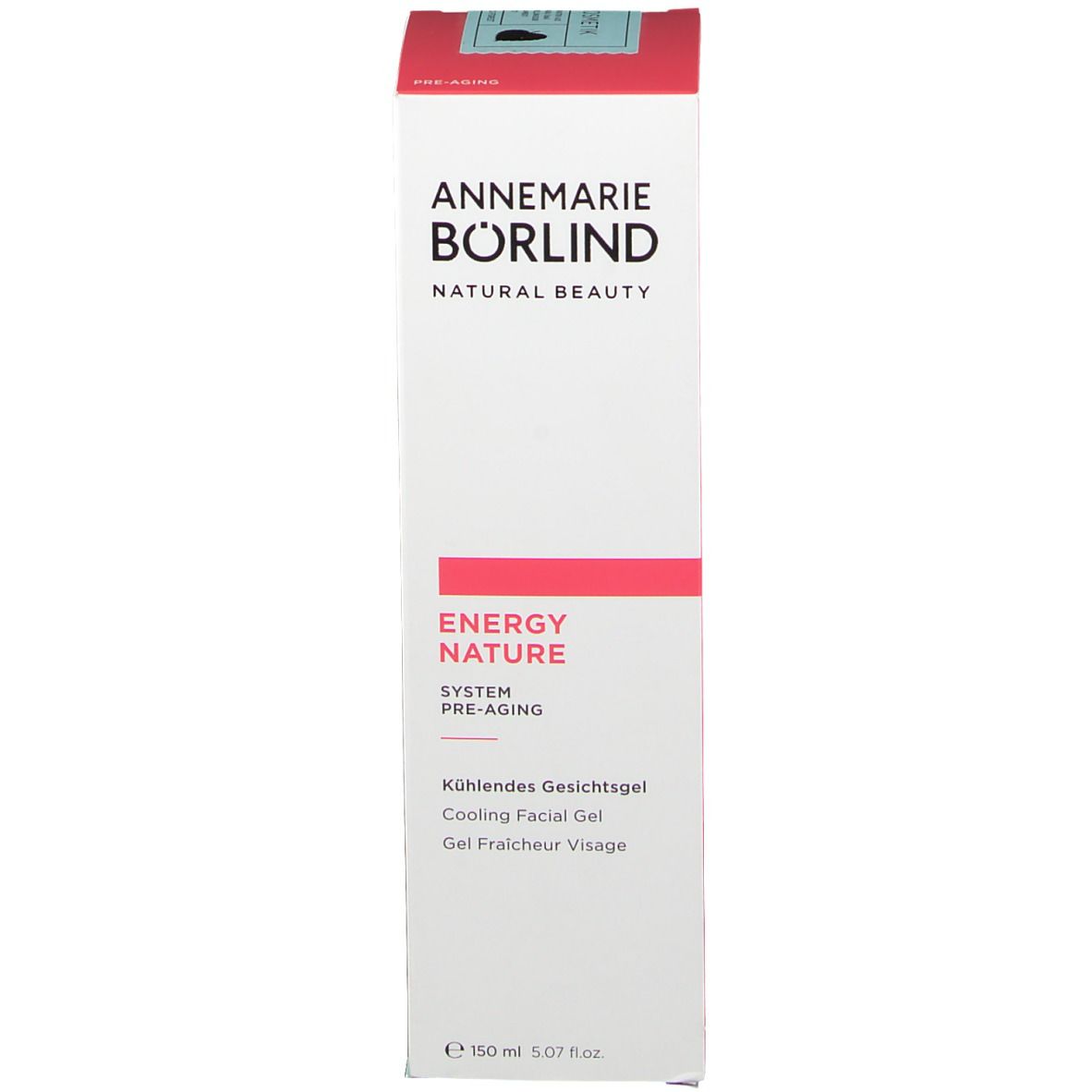 Produktverpackung. Aufschrift: Annemarie Börlind, Energy Nature, Kühlendes Gesichtsgel. 150 ml.