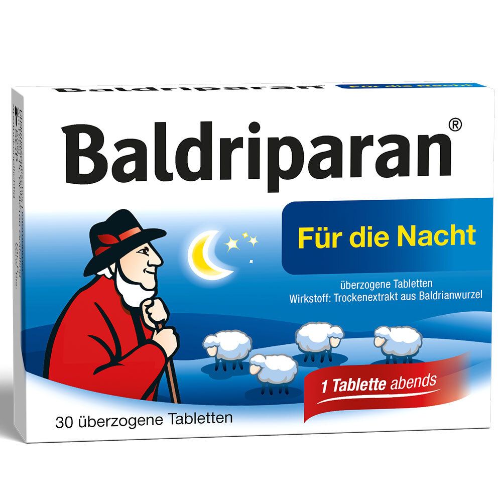 Schachtel mit Baldriparan® Für die Nacht. Abbildung eines Mannes mit Hut, Mond, Schafe. 30 überzogene Tabletten.