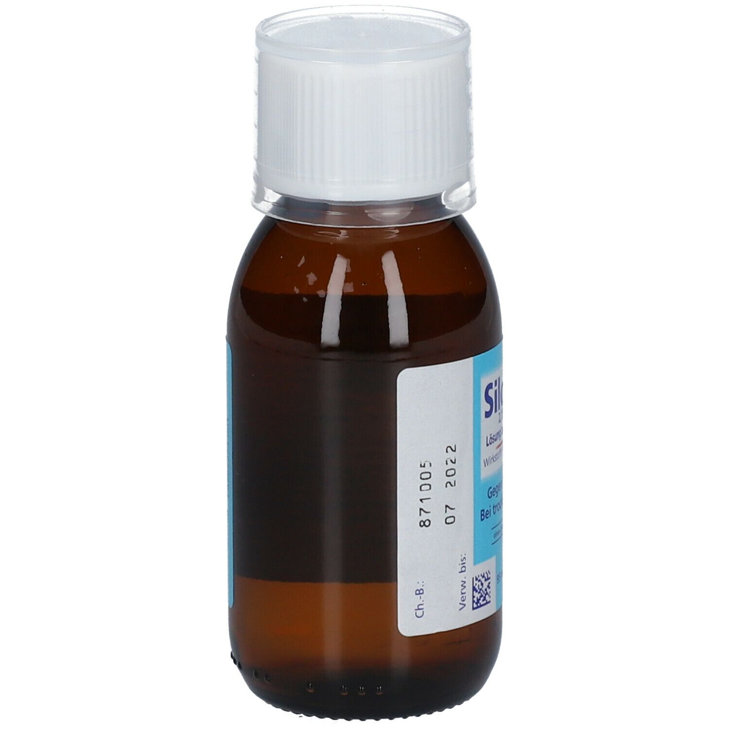 Braune Glasflasche mit weißem Deckel. Etikett mit Produktinformationen. Enthält Chargennummer und Verfallsdatum.