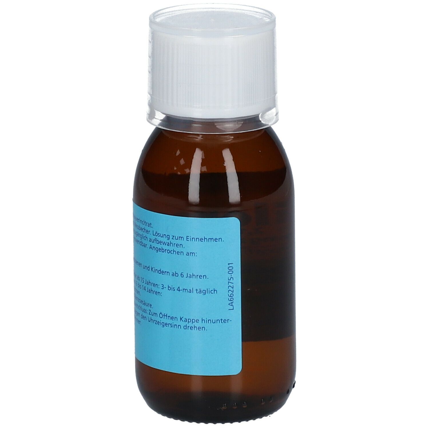 Braune Glasflasche mit weißem Deckel. Blaues Etikett mit Produktinformationen. Enthält Dosierungshinweise und Warnhinweise.