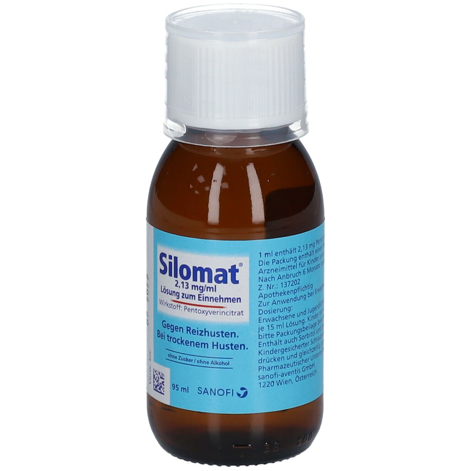 Braune Glasflasche mit weißem Deckel. Etikett mit Produktnamen Silomat®, Inhaltsstoffen und Dosierung. 95 ml.