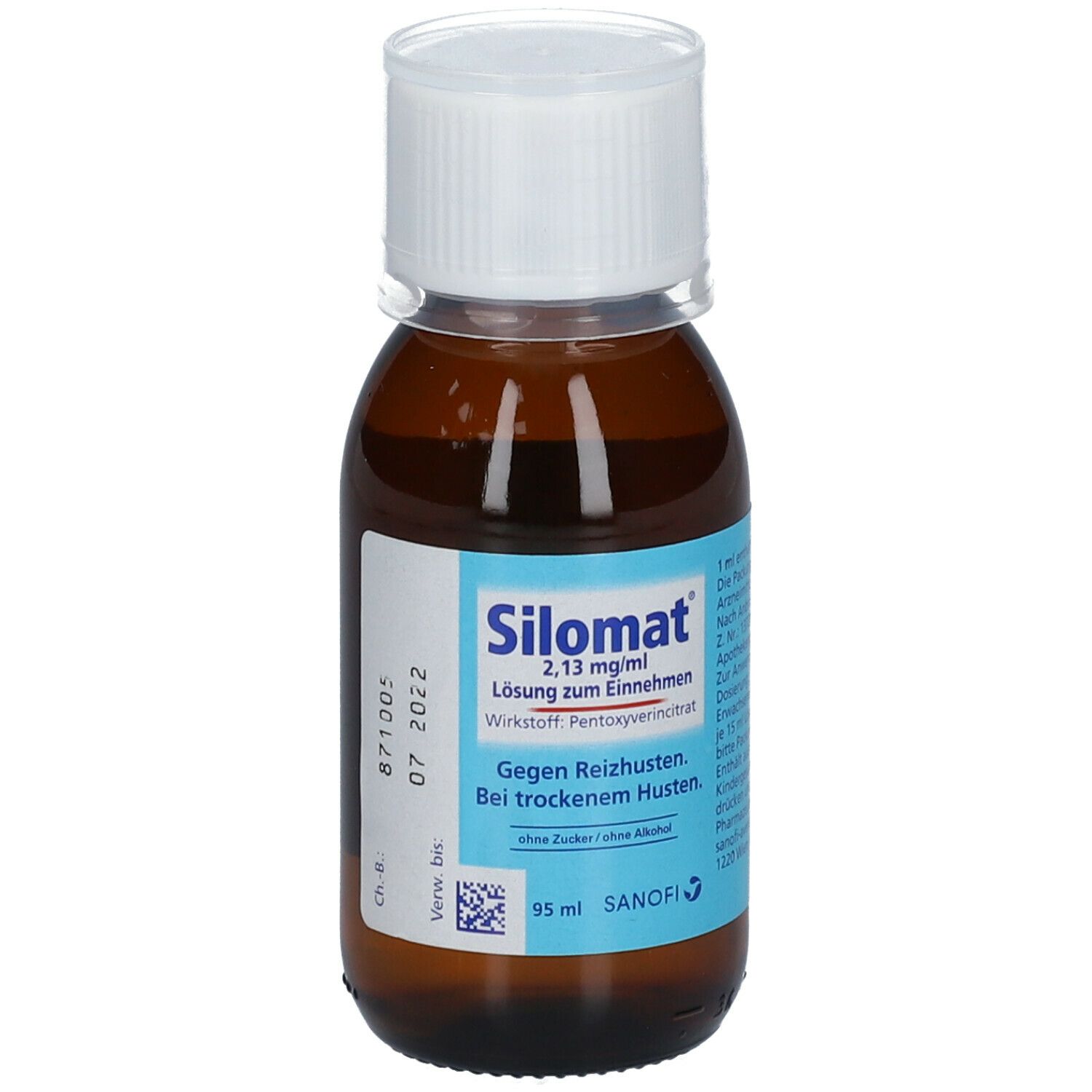 Braune Glasflasche mit weißem Deckel. Etikett mit Produktnamen Silomat®, Inhaltsstoffen und Dosierung. 95 ml.