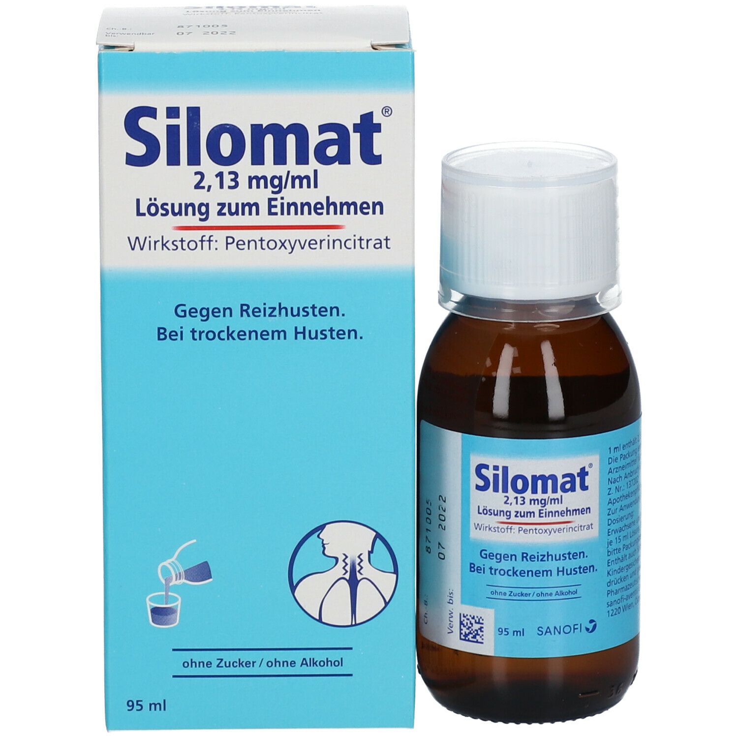 Produkt Silomat® mit Verpackung. Flasche und Schachtel. Auf der Schachtel sind Produktname, Inhaltsstoffe und Dosierung angegeben.