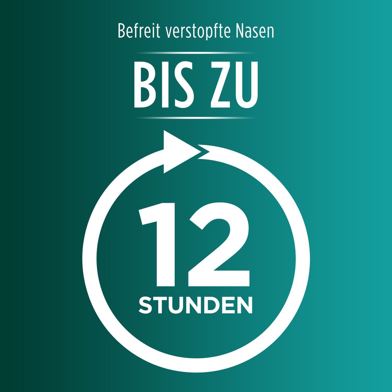 Text: Befreit verstopfte Nasen BIS ZU 12 STUNDEN. Pfeil in Kreis.