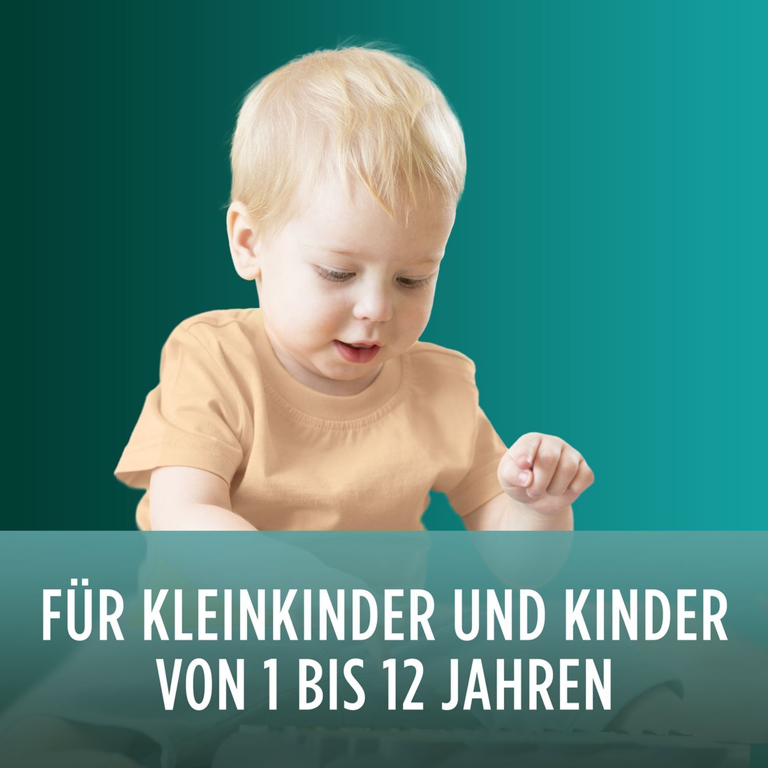Kleinkind schaut nach unten. Text: FÜR KLEINKINDER UND KINDER VON 1 BIS 12 JAHREN.