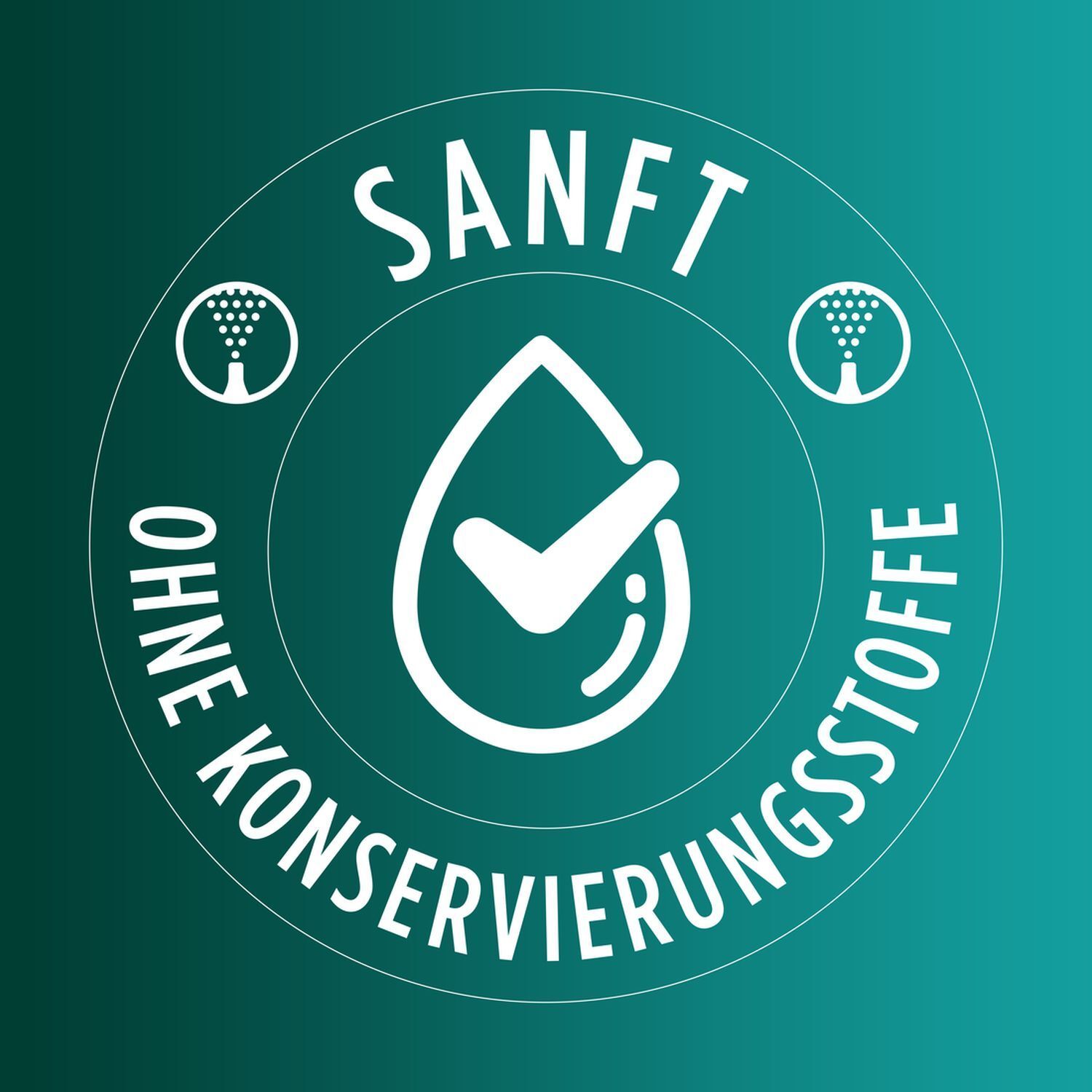 Kreis mit Tropfen und Haken. Text: SANFT OHNE KONSERVIERUNGSSTOFFE.