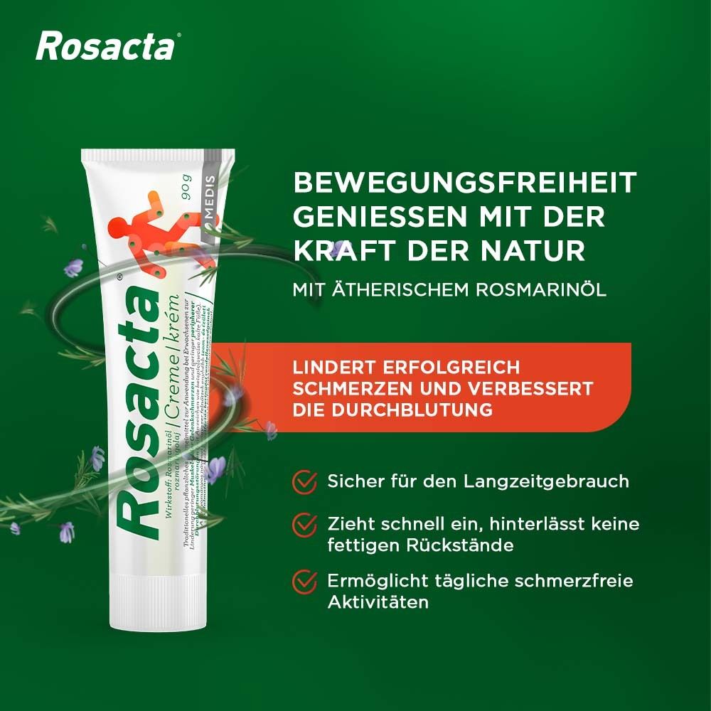 Rosacta Creme Tube. Weiß, grün. 90g. Text: Bewegungsfreiheit, Rosmarinöl, lindert Schmerzen, verbessert Durchblutung.