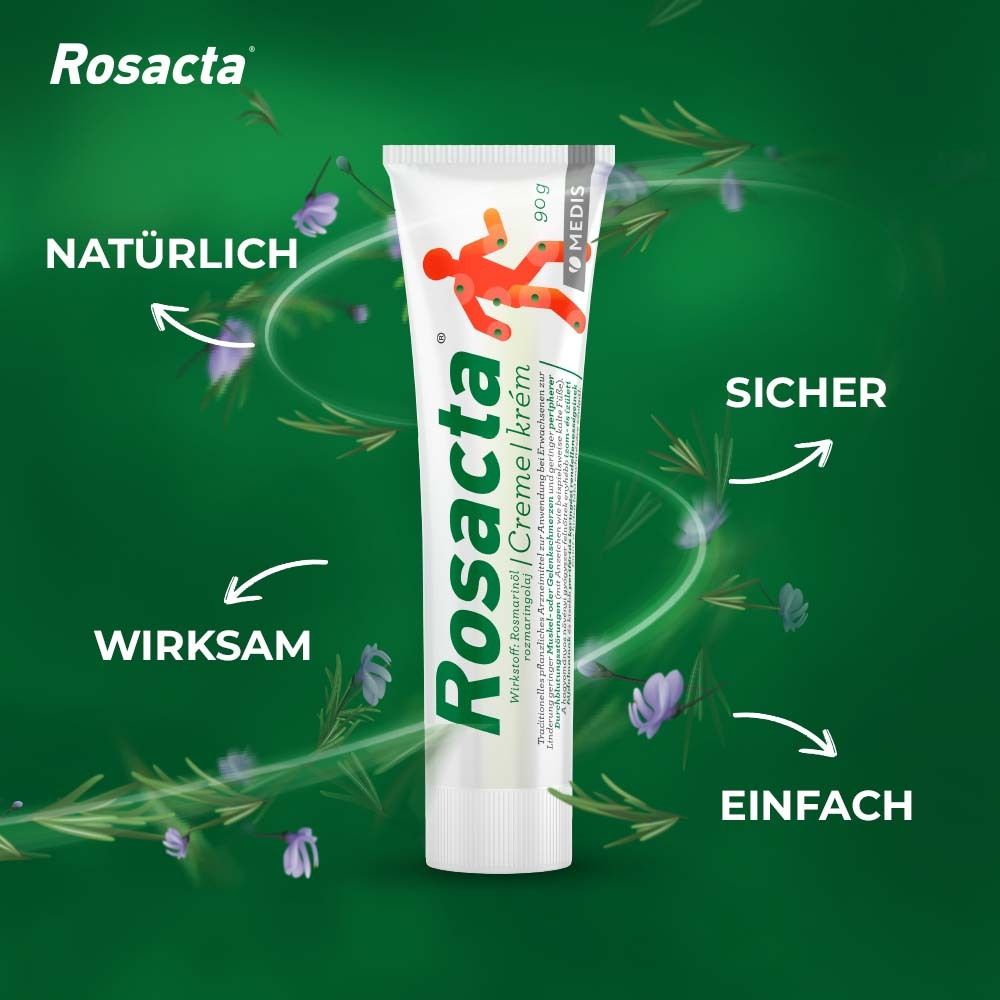 Rosacta Creme Tube. Weiß, grün. Text: Natürlich, wirksam, sicher, einfach.