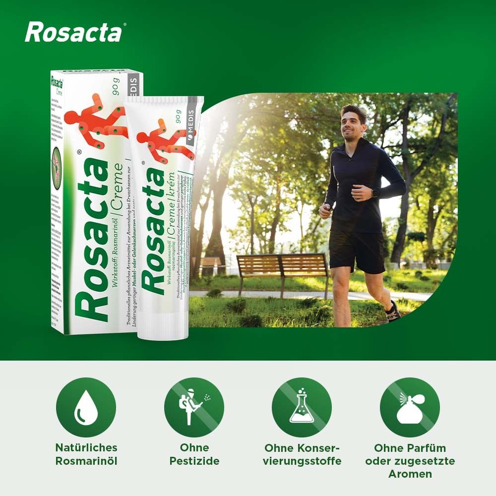 Rosacta Creme und Verpackung. 90g. Ohne Pestizide, Konservierungsstoffe, Parfüm. Mann joggt.