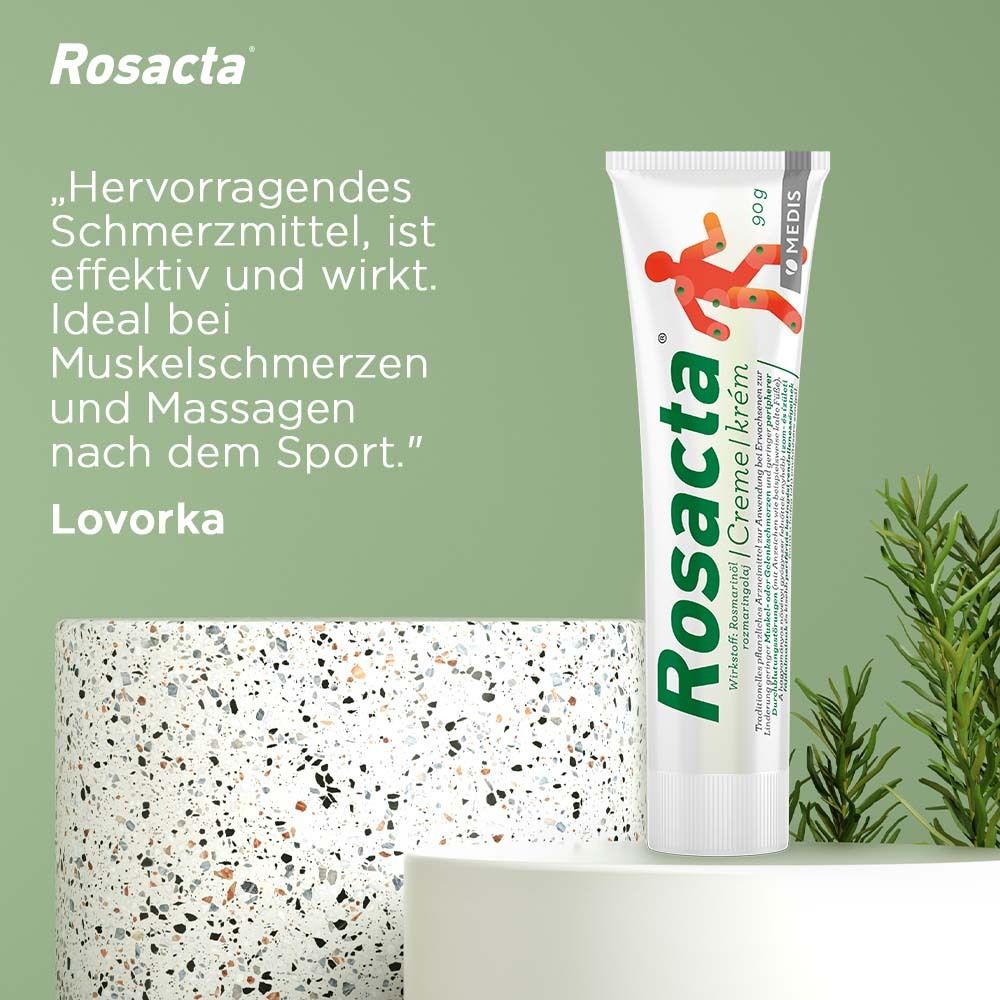 Rosacta Creme Tube. Weiß, grün. 90g. Zitat: Hervorragendes Schmerzmittel. Ideal bei Muskelkater und Massagen.
