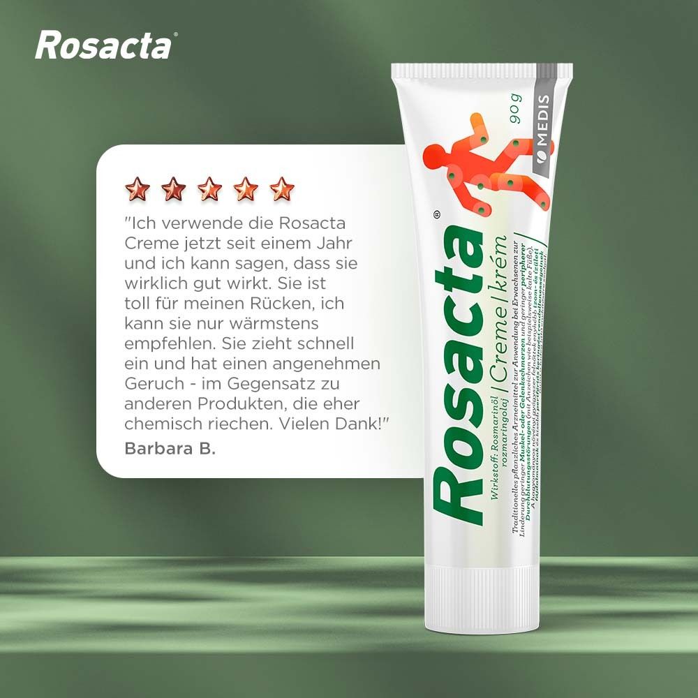 Rosacta Creme Tube. Weiß, grün. 90g. Zitat: Ich verwende Rosacta Creme seit einem Jahr. Barbara B.
