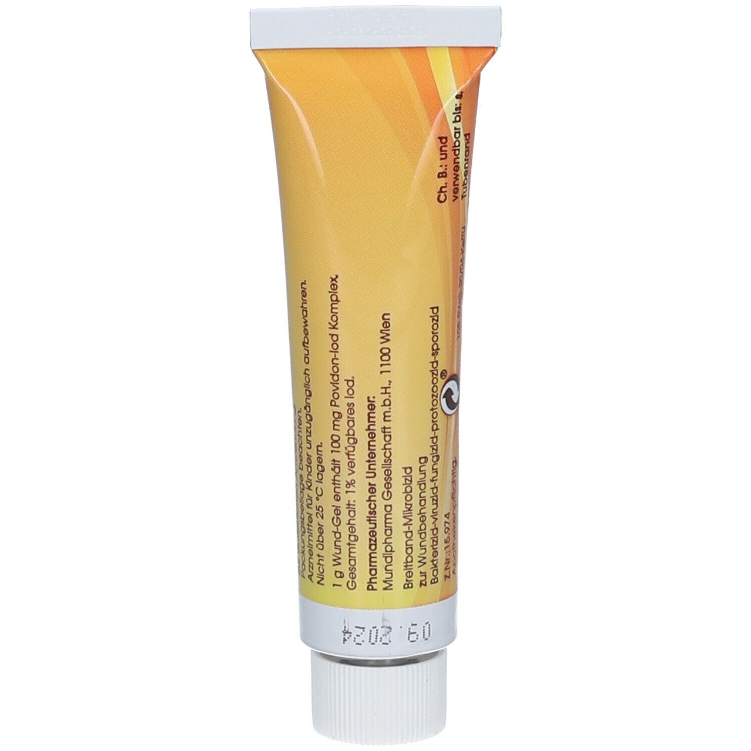 Rückseite der Betadona Wund-Gel Tube. Gelber Hintergrund mit Text. Enthält Informationen zur Anwendung und Inhaltsstoffen.