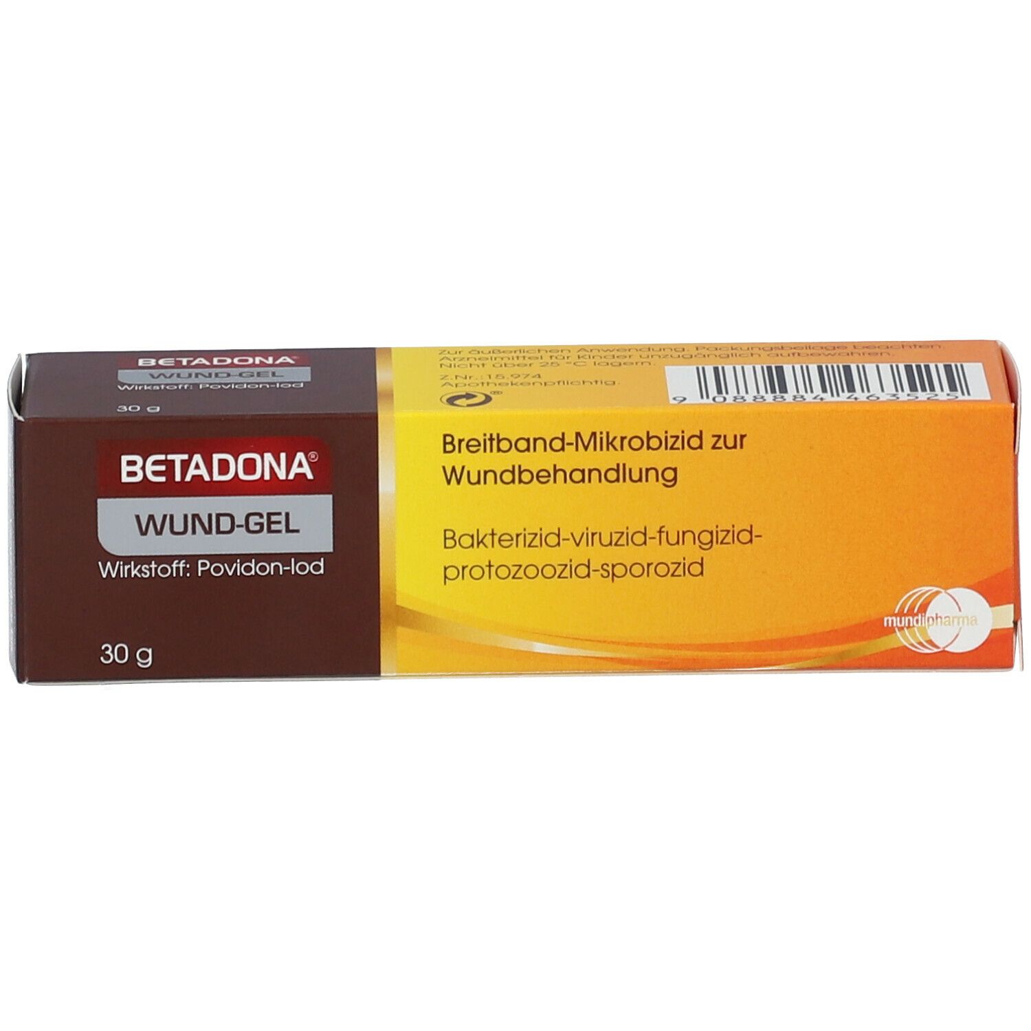 Betadona Wund-Gel Schachtel. Braun-gelbe Schachtel mit Produktinformationen. Enthält Produktnamen und Wirkstoff.