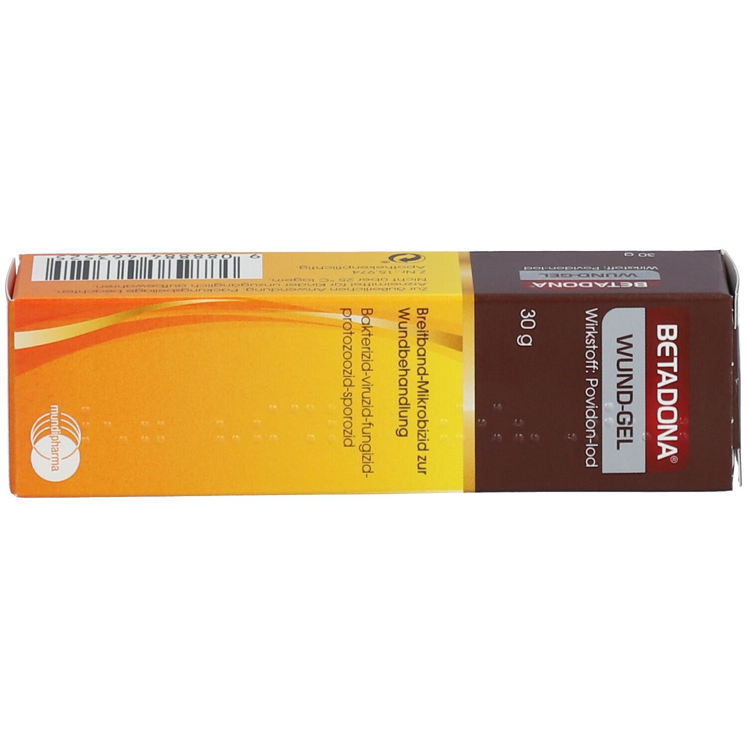 Betadona Wund-Gel Schachtel. Braun-gelbe Schachtel mit Produktinformationen. Enthält Produktnamen und Wirkstoff.