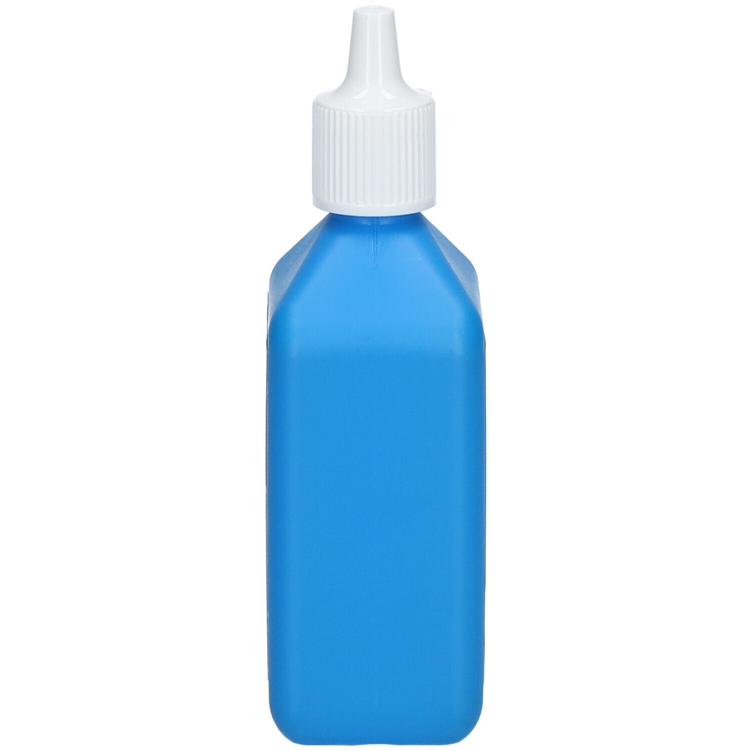 Blaue Flasche mit weißem Verschluss. Eckige Form. Ohne Etikett.