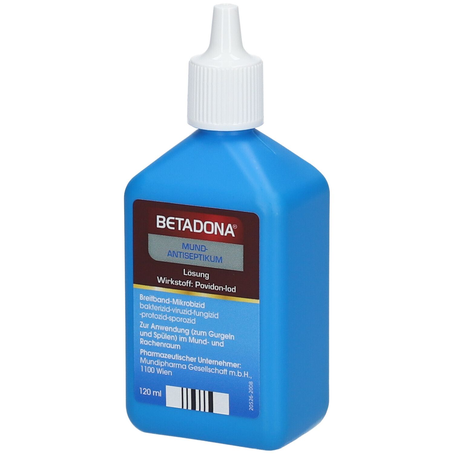 Blaue Flasche mit weißem Verschluss. Etikett mit Produktnamen und Informationen. Barcode unten.