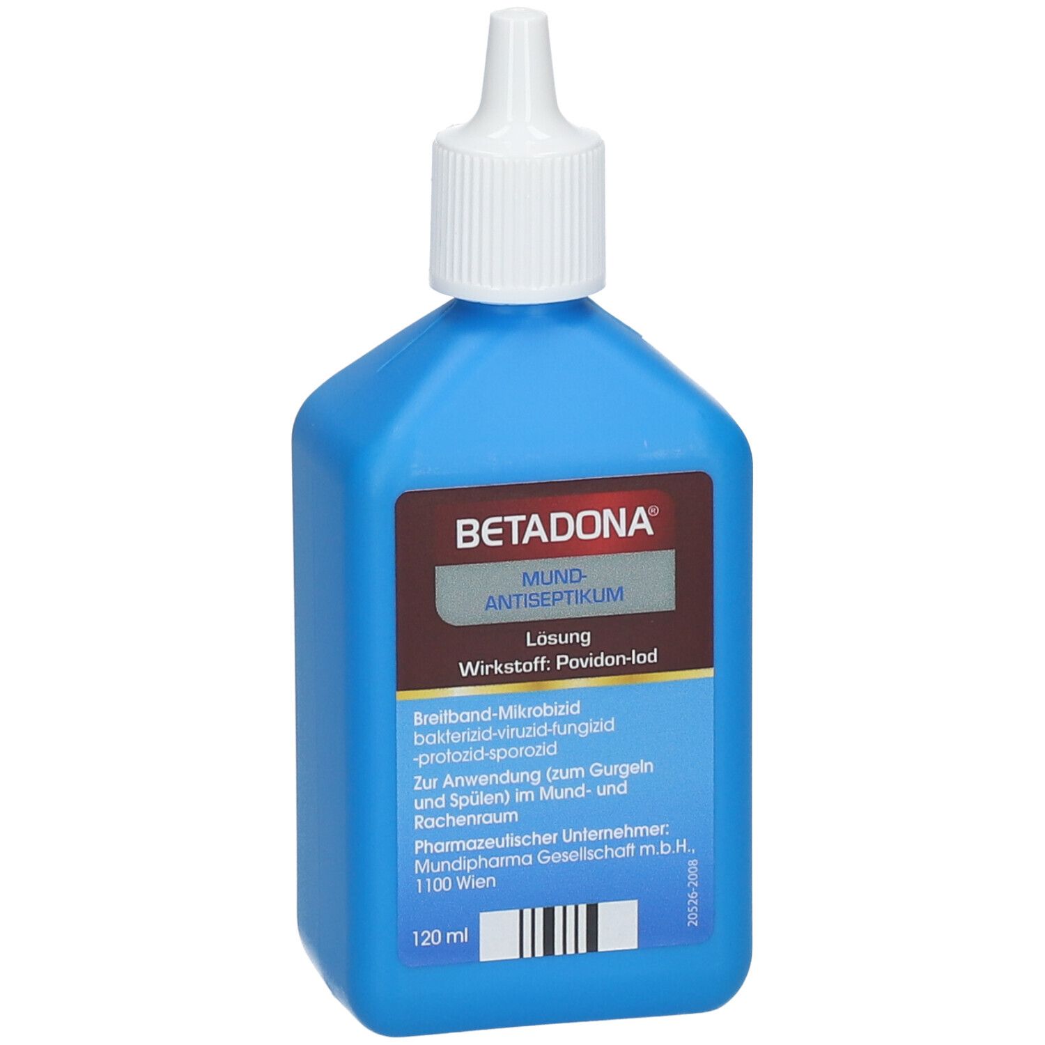 Blaue Flasche mit weißem Verschluss. Etikett mit Produktnamen und Informationen. Barcode unten.