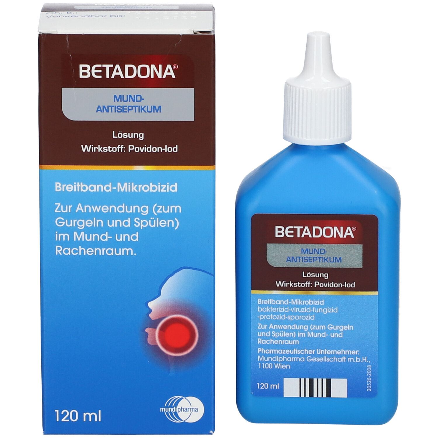 Produktflasche und Verpackung. Flasche blau, Verpackung braun. Beide mit Etiketten.
