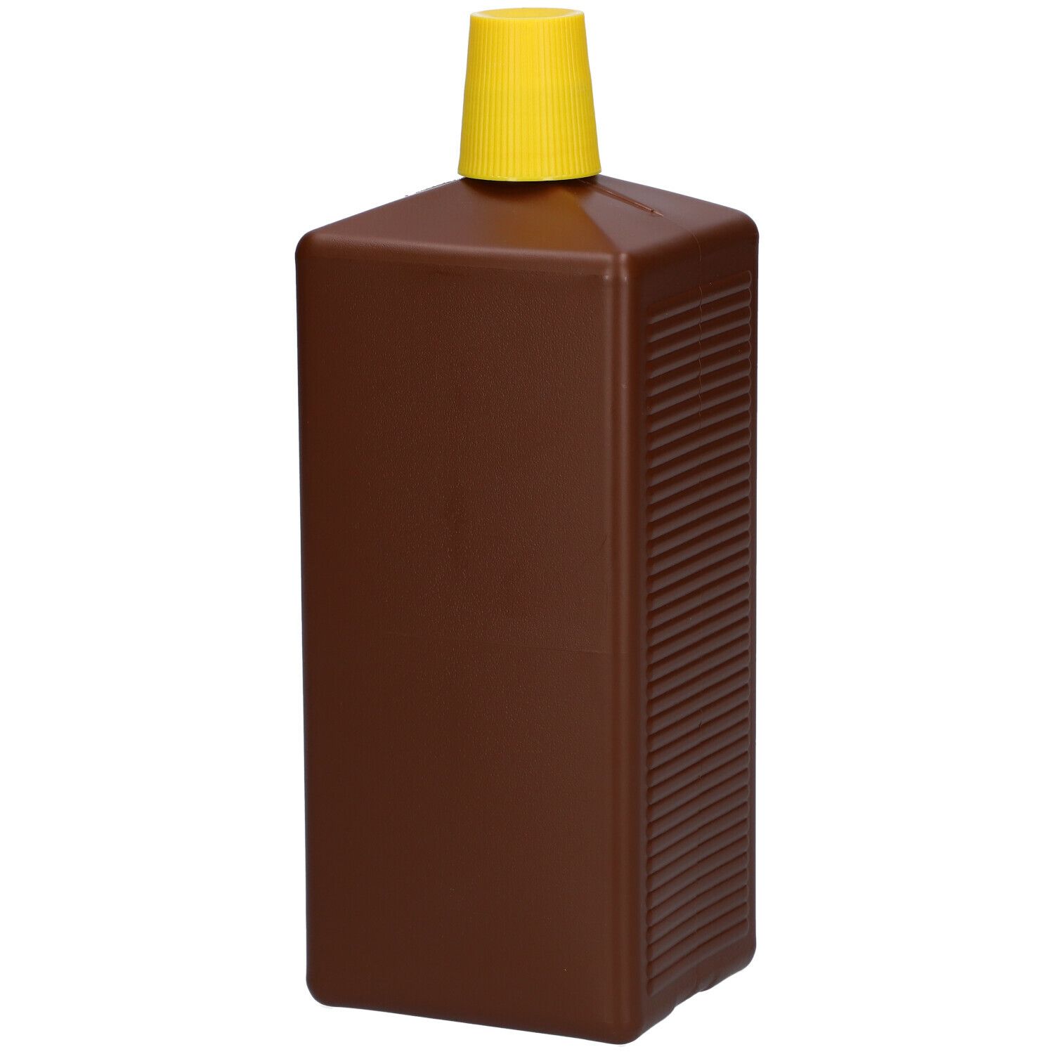 Braune, rechteckige Flasche mit gelbem Verschluss. Eine Seite hat Rillen. Keine Beschriftung sichtbar.
