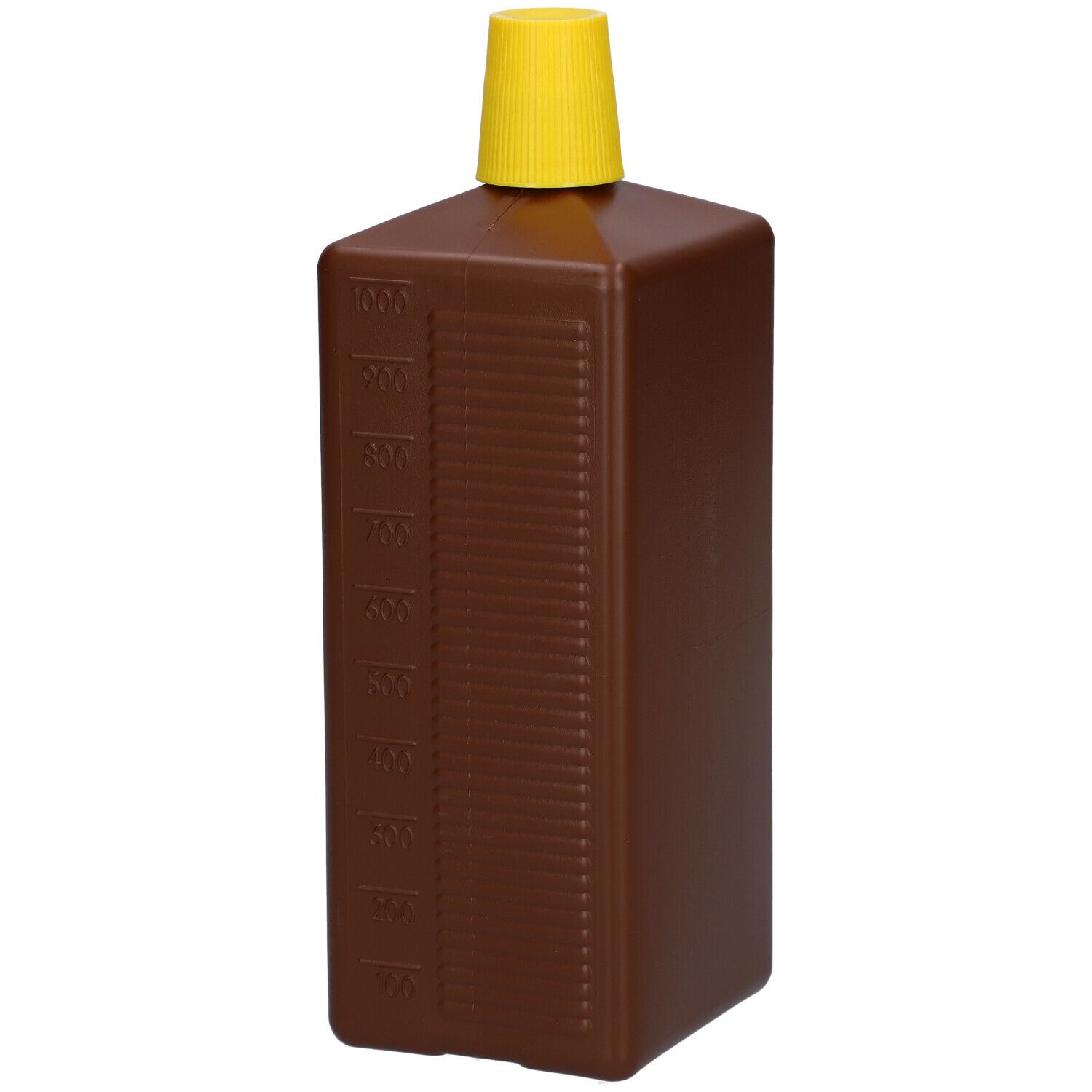 Braune, rechteckige Flasche mit gelbem Verschluss. Seitliche Messskala. Keine Beschriftung sichtbar.