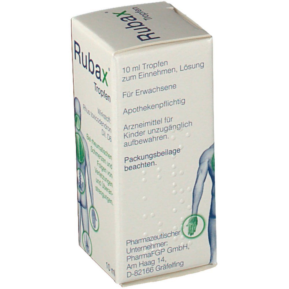 Karton mit RubaX Tropfen. Aufschrift: 10 ml Tropfen, für Erwachsene. Illustration eines menschlichen Körpers mit Schmerzpunkten.