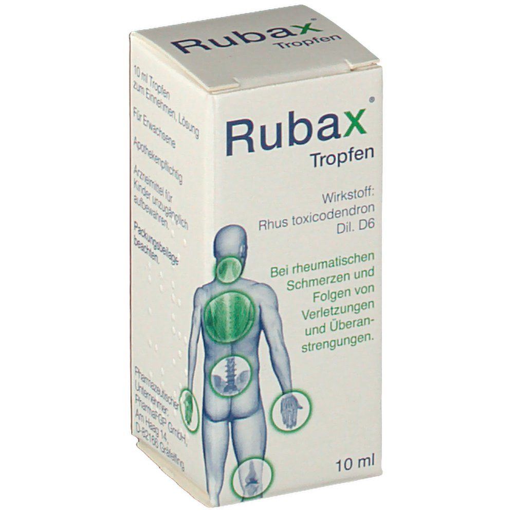 Karton mit RubaX Tropfen. Aufschrift: 10 ml. Illustration eines menschlichen Körpers mit Schmerzpunkten. Wirkstoff: Rhus toxicodendron D6.