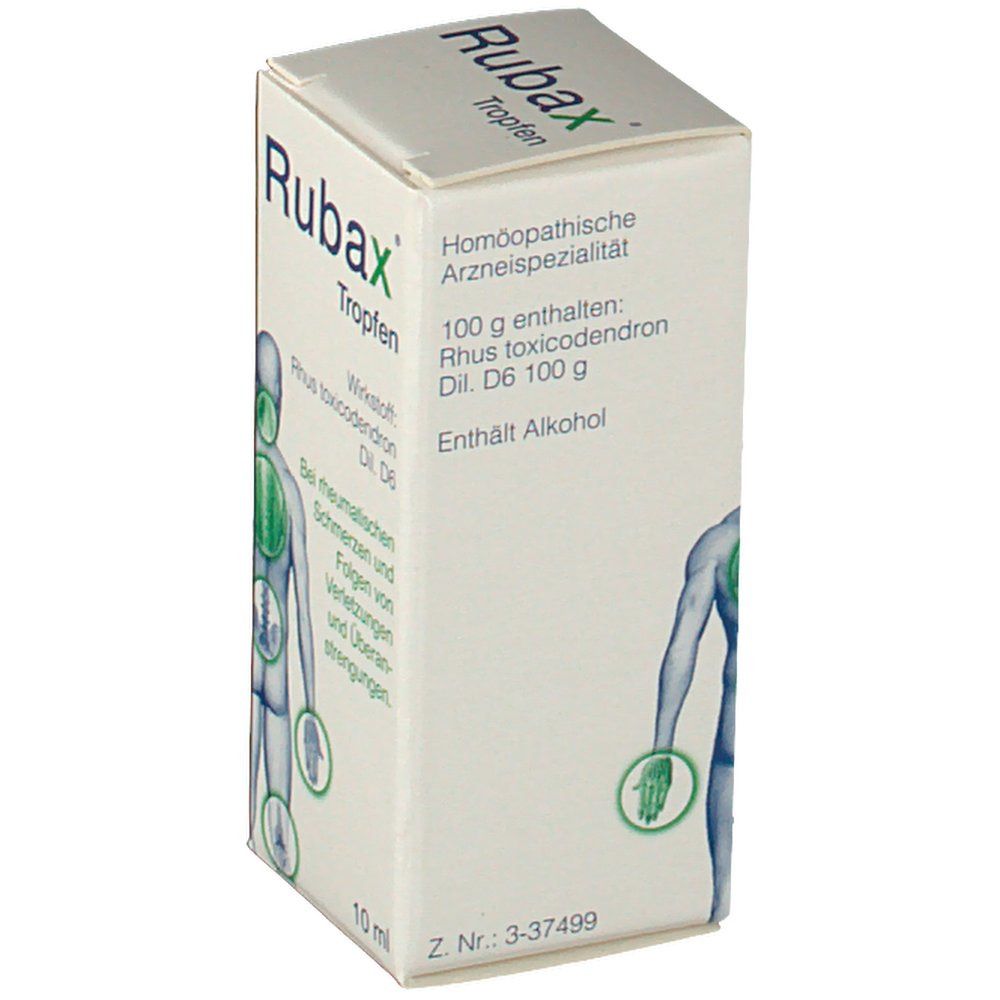 Karton mit RubaX Tropfen. Aufschrift: 100 g enthalten: Rhus toxicodendron Dil. D6 100 g. Enthält Alkohol. Illustration eines Körpers.