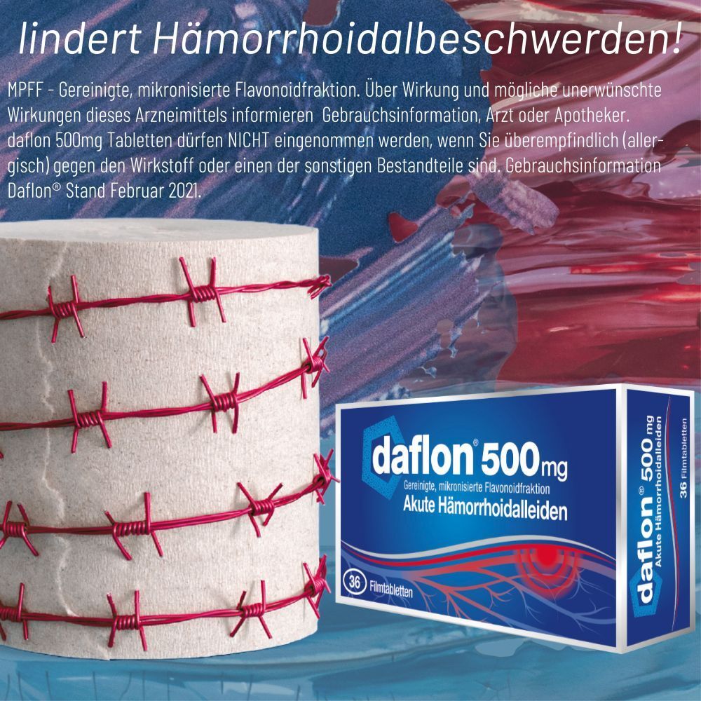 Werbebild mit Daflon 500 mg Packung. Text: lindert Hämorrhoidalbeschwerden. Abgebildet: Toilettenpapier mit Stacheldraht.