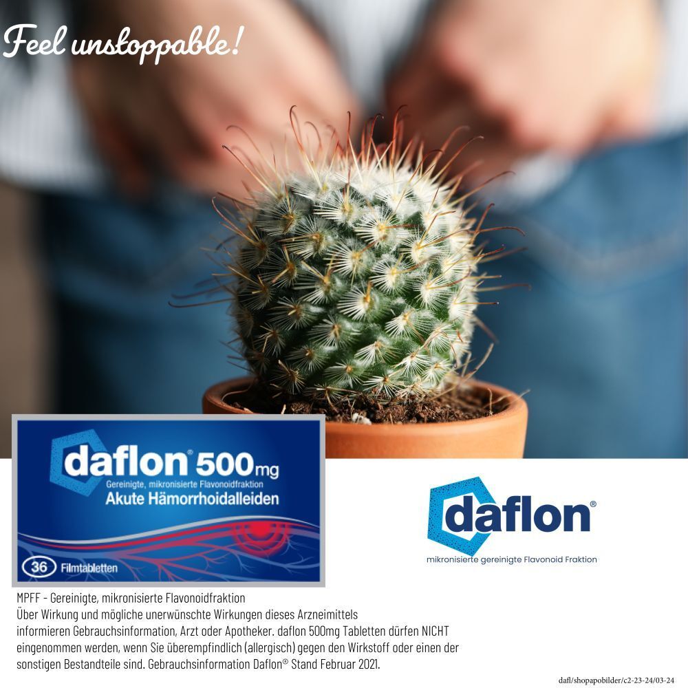 Werbebild mit Daflon 500 mg Packung und Kaktus. Text: Feel unstoppable! Produktname und Dosierung deutlich sichtbar.