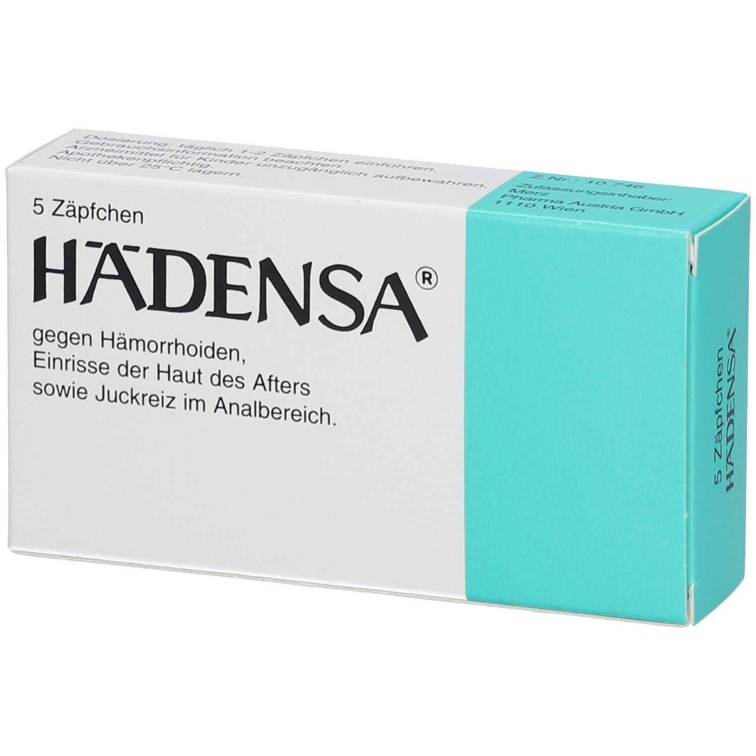 Schachtel mit 5 Zäpfchen. Aufschrift: HÄDENSA gegen Hämorrhoiden, Einrisse der Haut, Juckreiz. Türkis-weiße Verpackung.