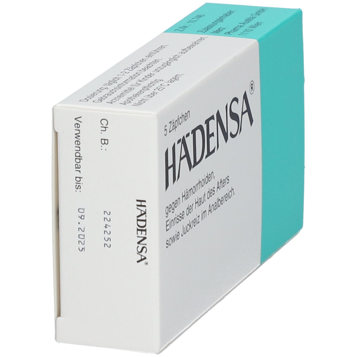Schachtel HÄDENSA mit 5 Zäpfchen. Aufschrift: gegen Hämorrhoiden, Einrisse, Juckreiz. Verfallsdatum 09.2025. Türkis-weiße Verpackung.