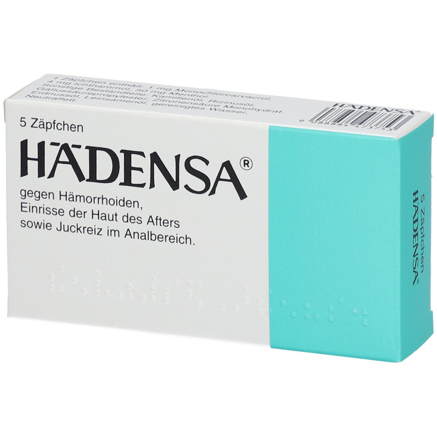 Schachtel mit 5 Zäpfchen. Aufschrift: HÄDENSA gegen Hämorrhoiden, Einrisse der Haut, Juckreiz. Türkis-weiße Verpackung.