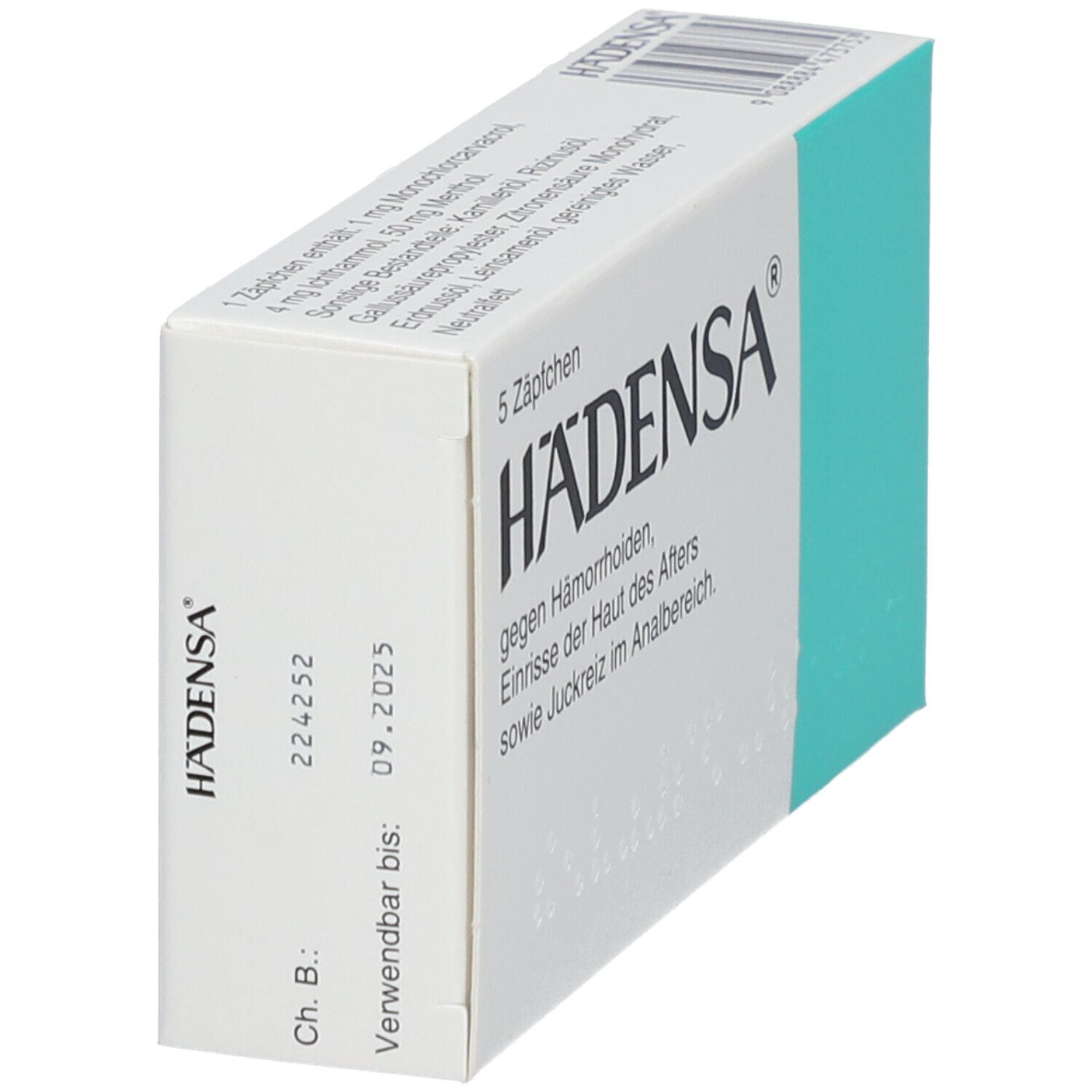 Schachtel HÄDENSA mit 5 Zäpfchen. Aufschrift: gegen Hämorrhoiden, Einrisse, Juckreiz. Verfallsdatum 09.2025. Türkis-weiße Verpackung.