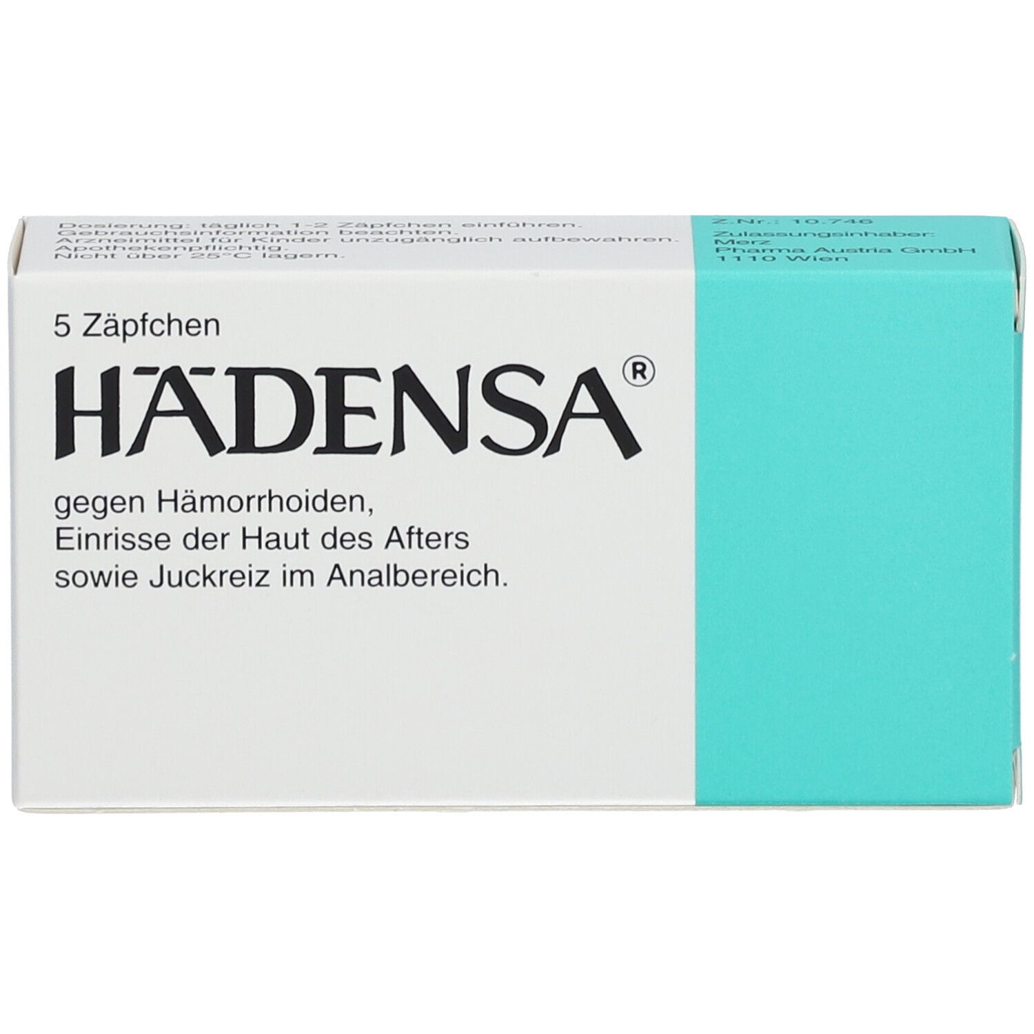 Schachtel mit 5 Zäpfchen. Aufschrift: HÄDENSA gegen Hämorrhoiden, Einrisse der Haut, Juckreiz. Türkis-weiße Verpackung.