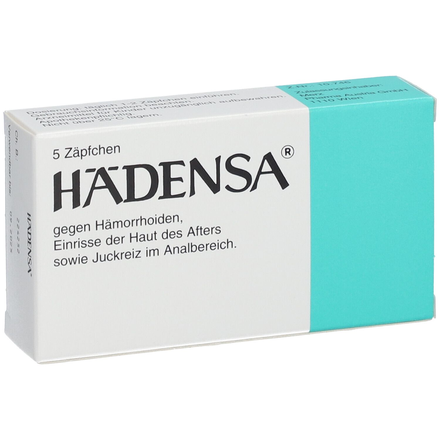 Schachtel mit 5 Zäpfchen. Aufschrift: HÄDENSA gegen Hämorrhoiden, Einrisse der Haut, Juckreiz. Türkis-weiße Verpackung.