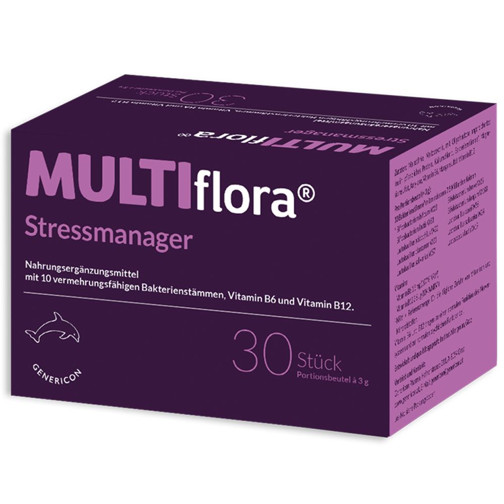 Verpackung von MULTIflora® Stressmanager. Lila Schachtel mit Produktnamen und 30 Portionen. Enthält Nahrungsergänzungsmittel.