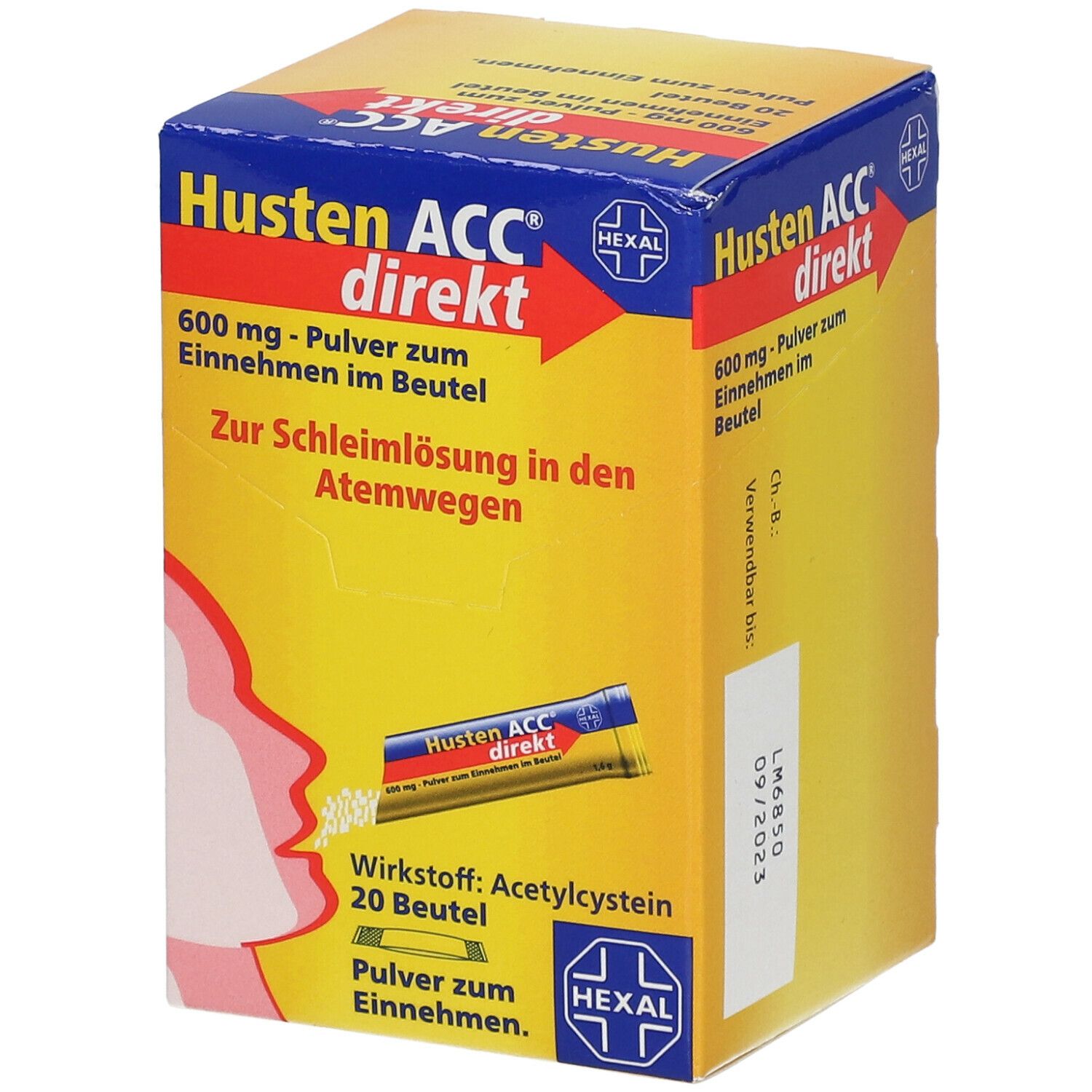 Schachtel mit Husten ACC direkt. 600 mg Pulver zum Einnehmen im Beutel. Enthält 20 Beutel. Marke: Hexal.