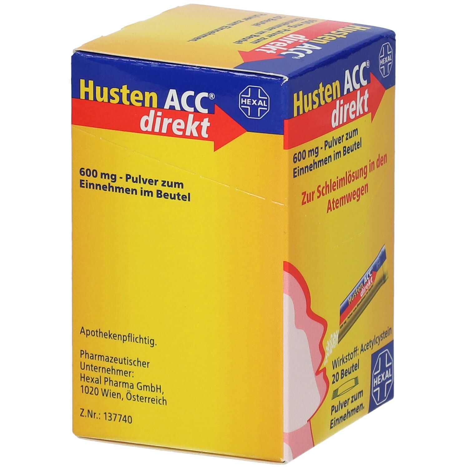 Gelbe Schachtel mit Husten ACC direkt. 600 mg Pulver zum Einnehmen im Beutel. Marke: Hexal. Apothekenpflichtig.