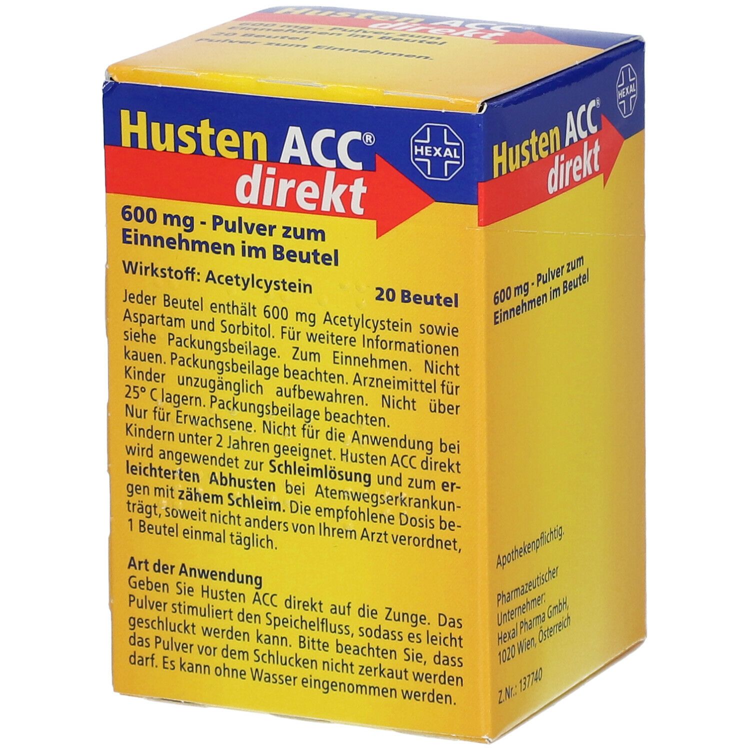 Schachtel mit Husten ACC direkt. 600 mg Pulver zum Einnehmen im Beutel. Enthält 20 Beutel. Marke: Hexal. Text auf Deutsch.