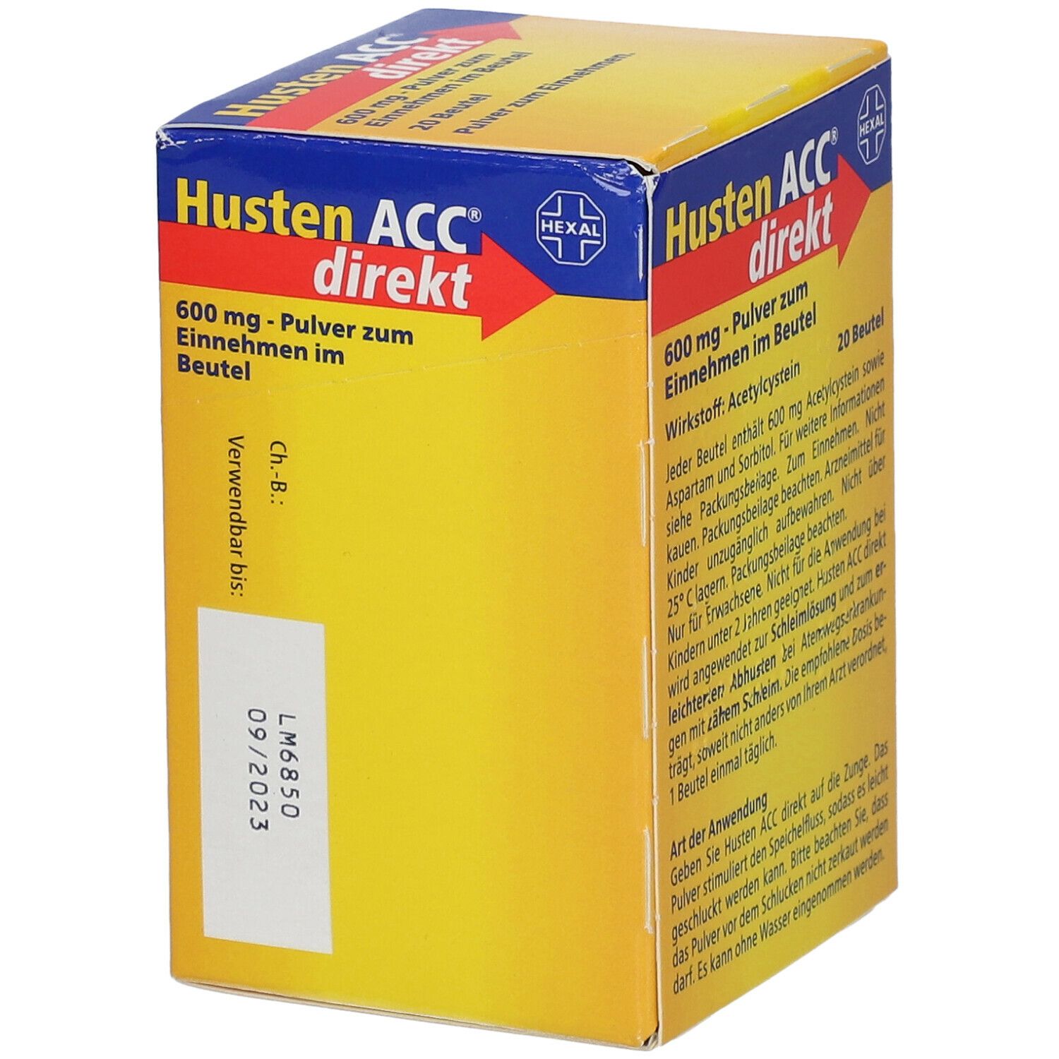 Schachtel mit Husten ACC direkt. 600 mg Pulver zum Einnehmen im Beutel. Enthält 20 Beutel. Marke: Hexal. Verwendbar bis 09/2023.