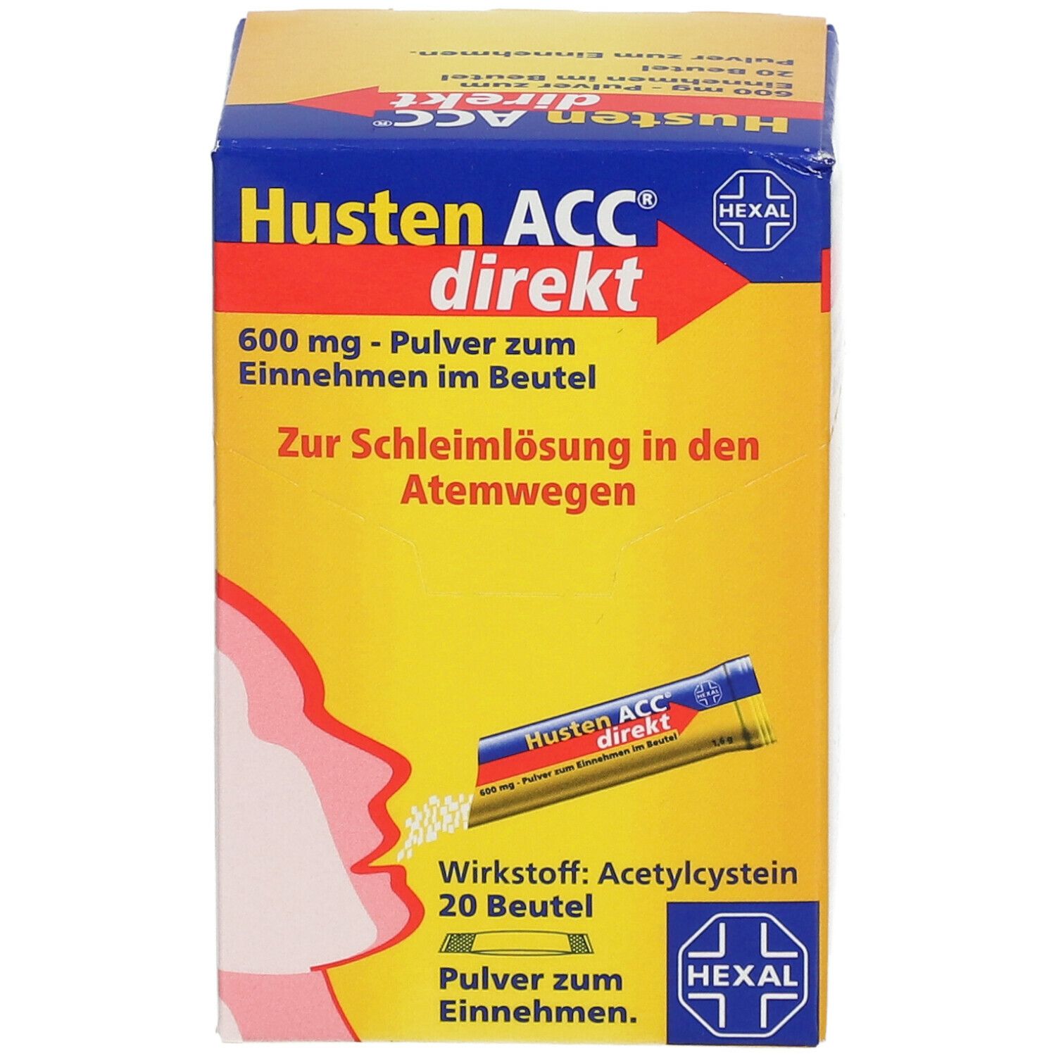 Schachtel mit Husten ACC direkt. 600 mg Pulver zum Einnehmen im Beutel. Enthält 20 Beutel. Marke: Hexal. Abbildung eines Beutels.