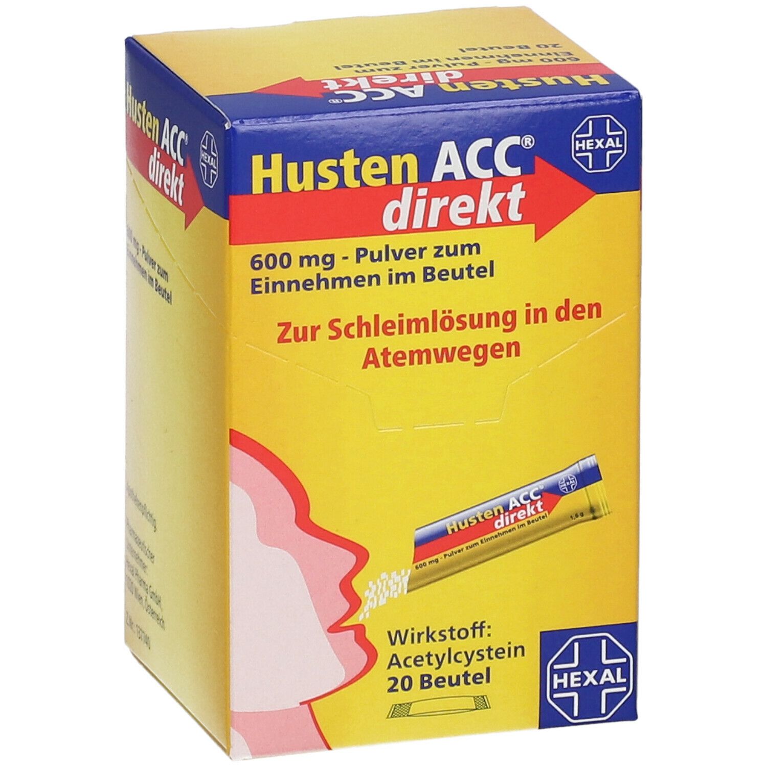 Schachtel mit Husten ACC direkt. 600 mg Pulver zum Einnehmen im Beutel. Enthält 20 Beutel. Marke: Hexal. Seitenansicht.